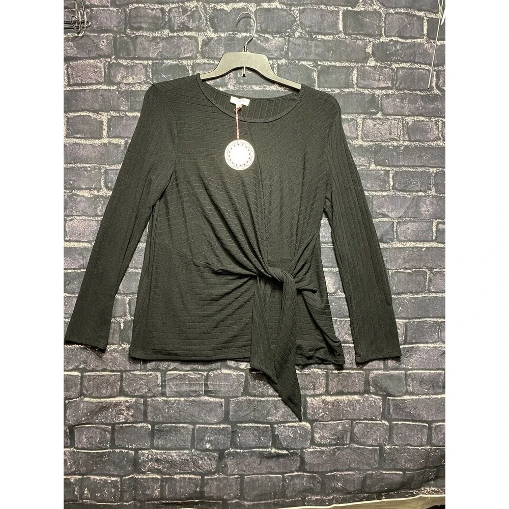 Umgee USA Sweater Top Womens Medium Black Ribbed‎ Side Tie Lightweight NWT